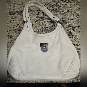 Vintage Calvin Klein White Pebbled Leather Hobo Bag Y2K Silver Round Buckle